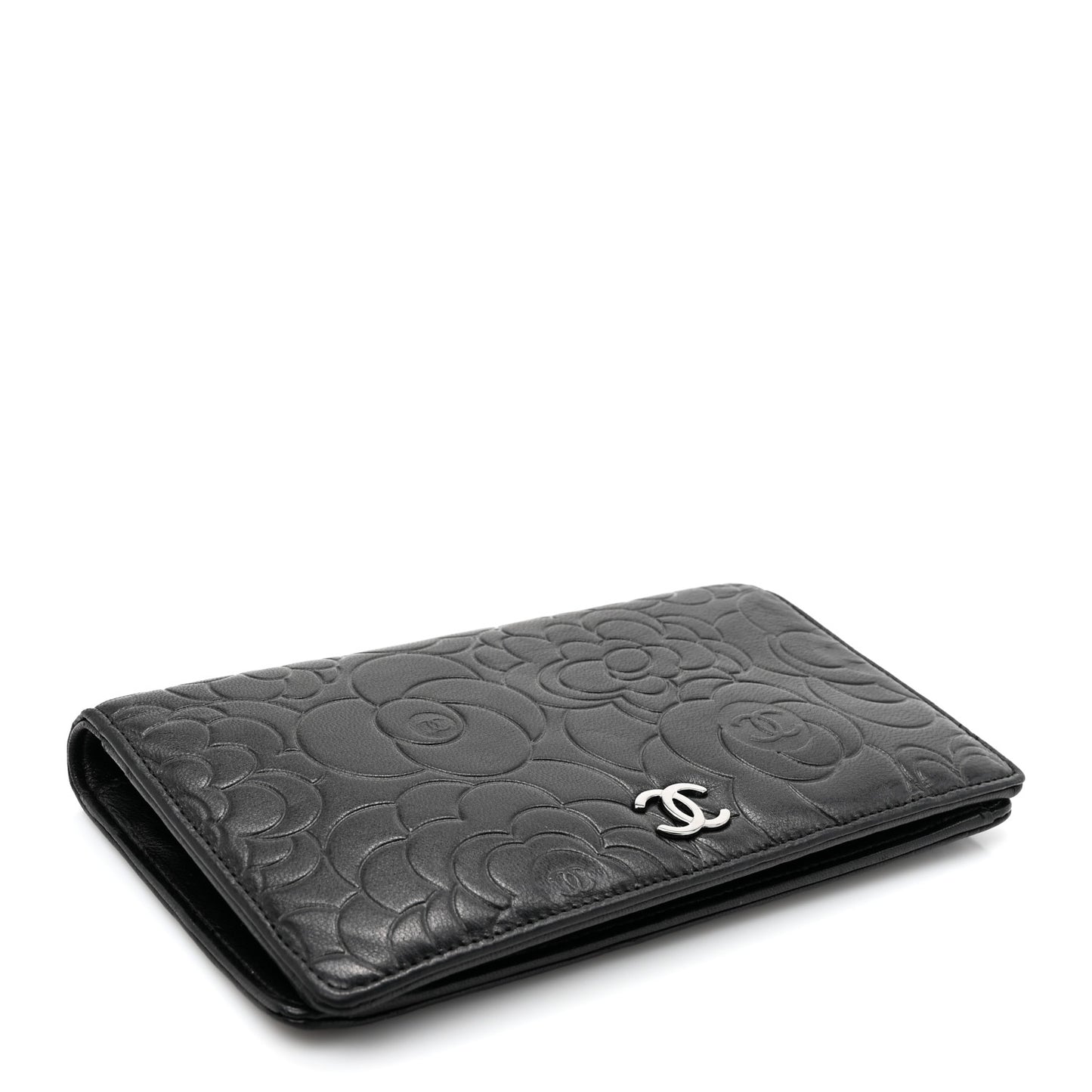 Lambskin Camellia Embossed Yen Wallet Black