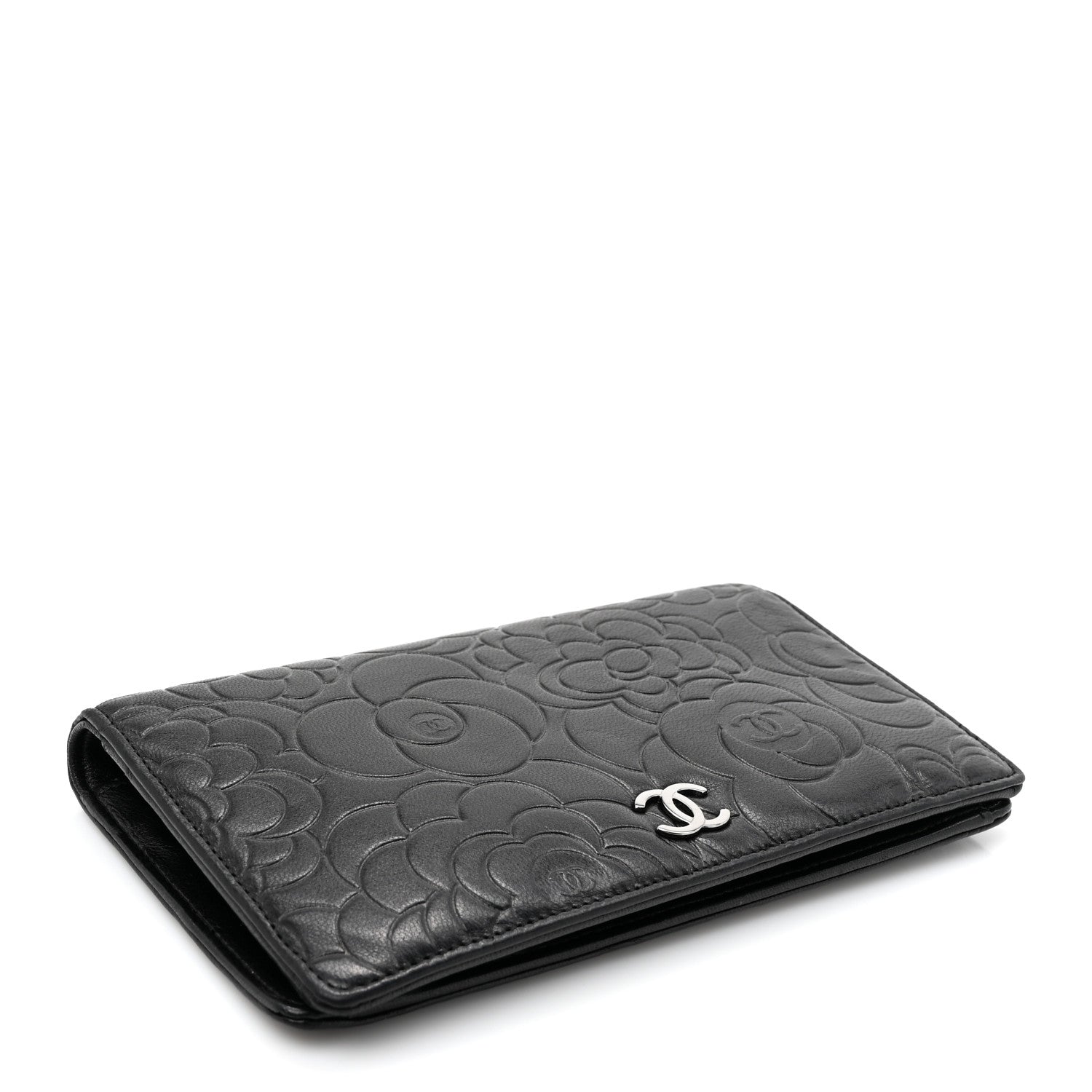 Chanel Lambskin Camellia Embossed Yen Wallet Black 4 of 10