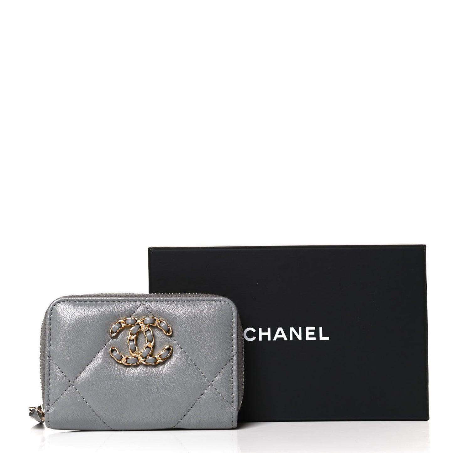Lambskin Quilted Chanel 19 Zip Around Coin Purse Wallet Grey