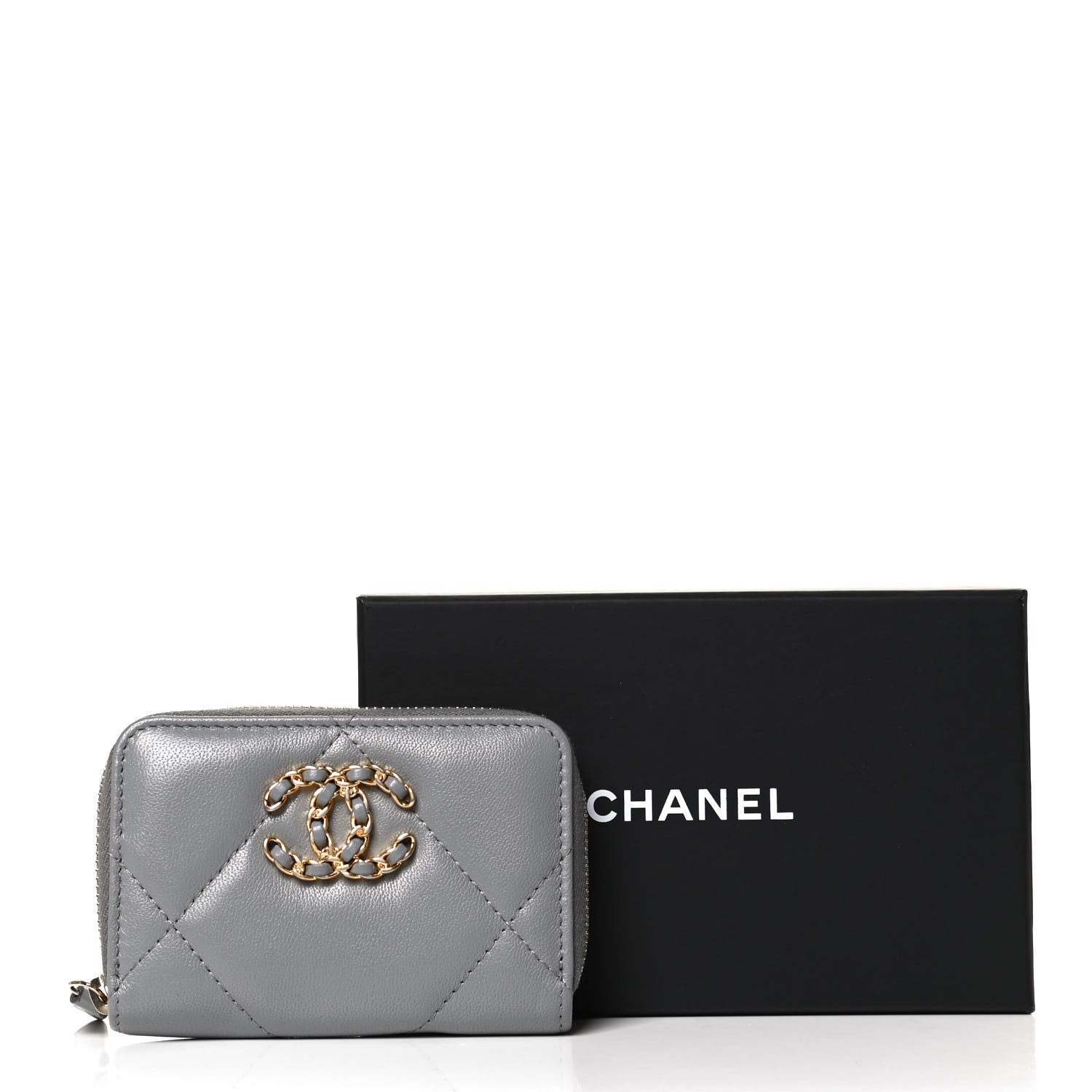 Chanel Lambskin Quilted Chanel 19 Zip Around Coin Purse Wallet Grey 12 of 12