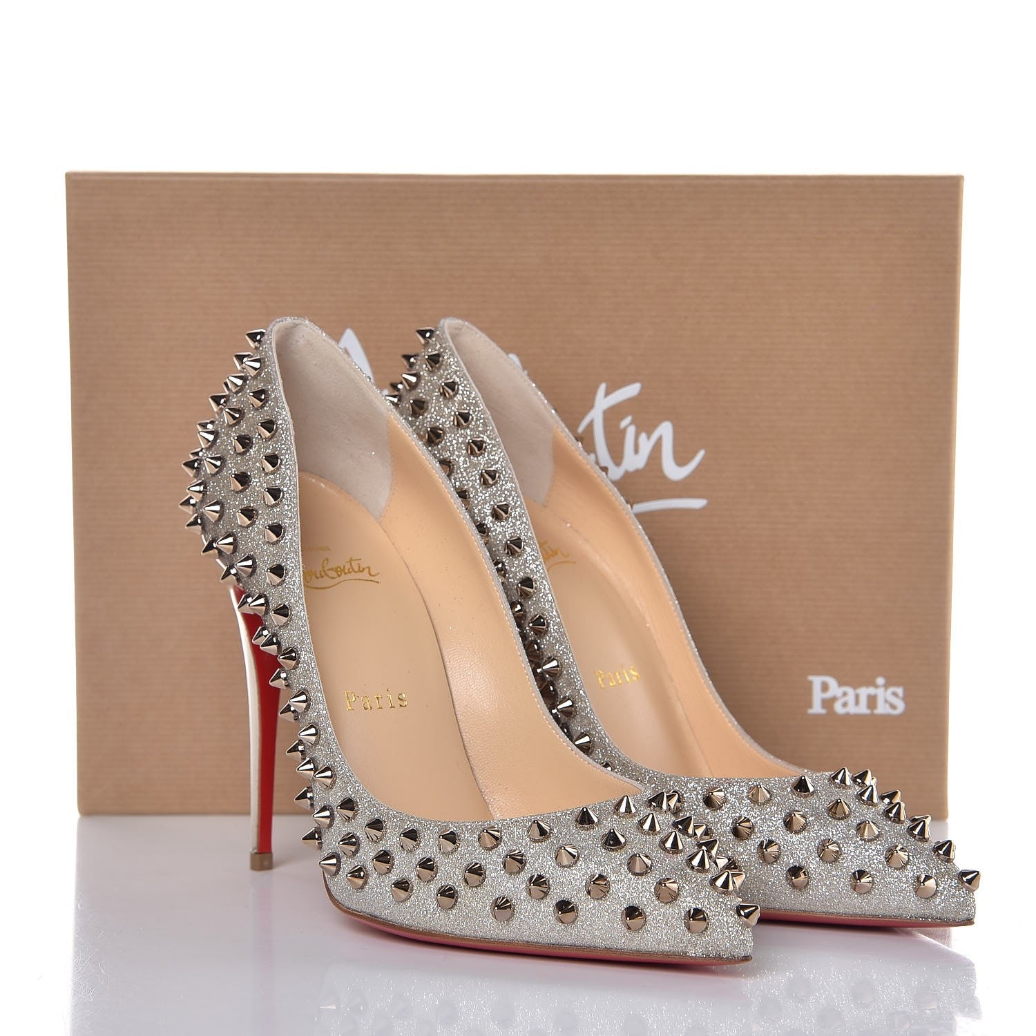 Christian Louboutin Glitter Mini Specchio Follies Spikes 100 Pumps 38 Ivory Colombe Metal 8 of 8