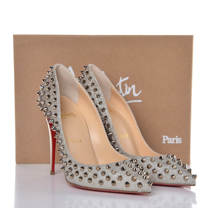 Christian Louboutin Glitter Mini Specchio Follies Spikes 100 Pumps 38 Ivory Colombe Metal 8 of 8