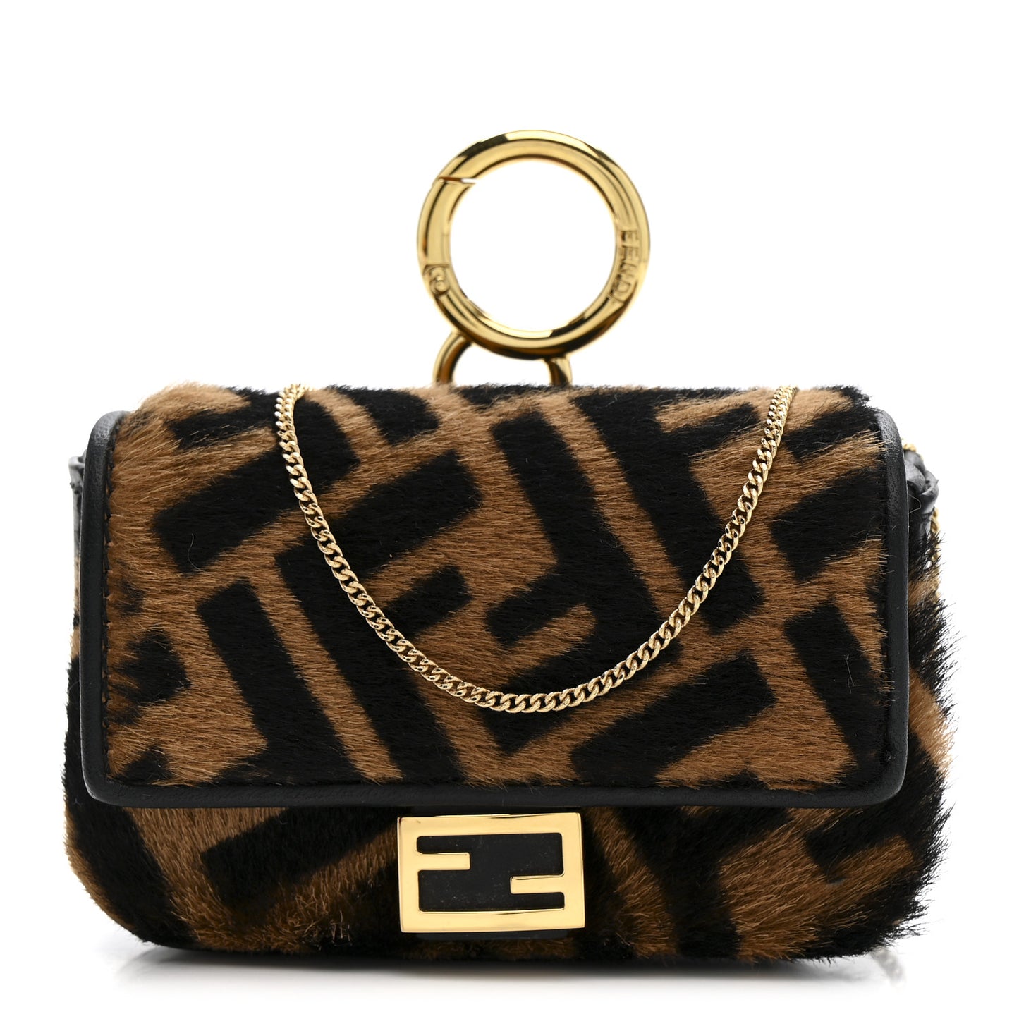 Sheared Sheepskin Vitello King FF Nano Baguette Charm Tobacco Moro Black