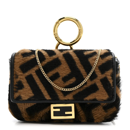 Fendi Sheared Sheepskin Vitello King FF Nano Baguette Charm Tobacco Moro Black 1 of 11