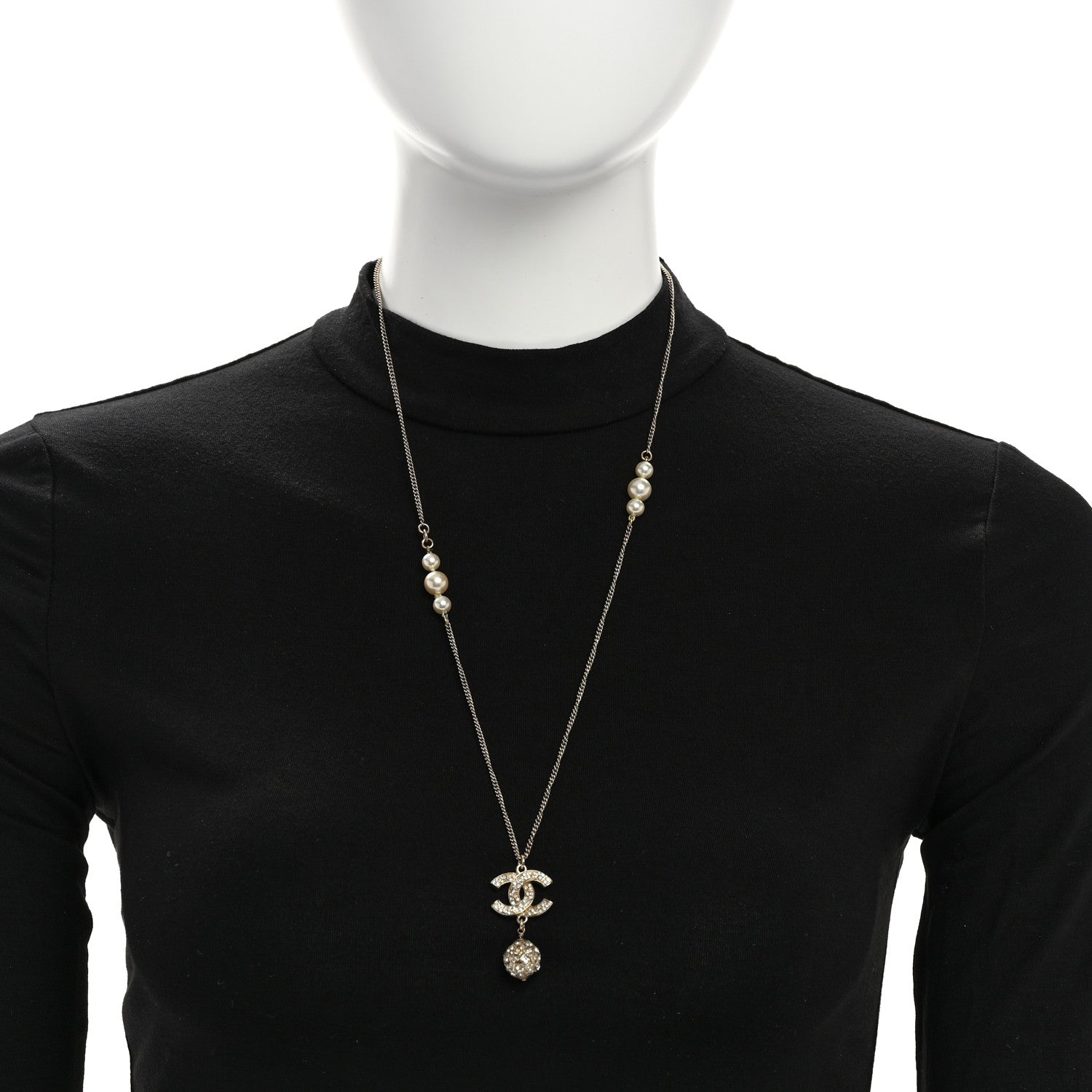Chanel Pearl Crystal CC Pendant Necklace Gold 2 of 5
