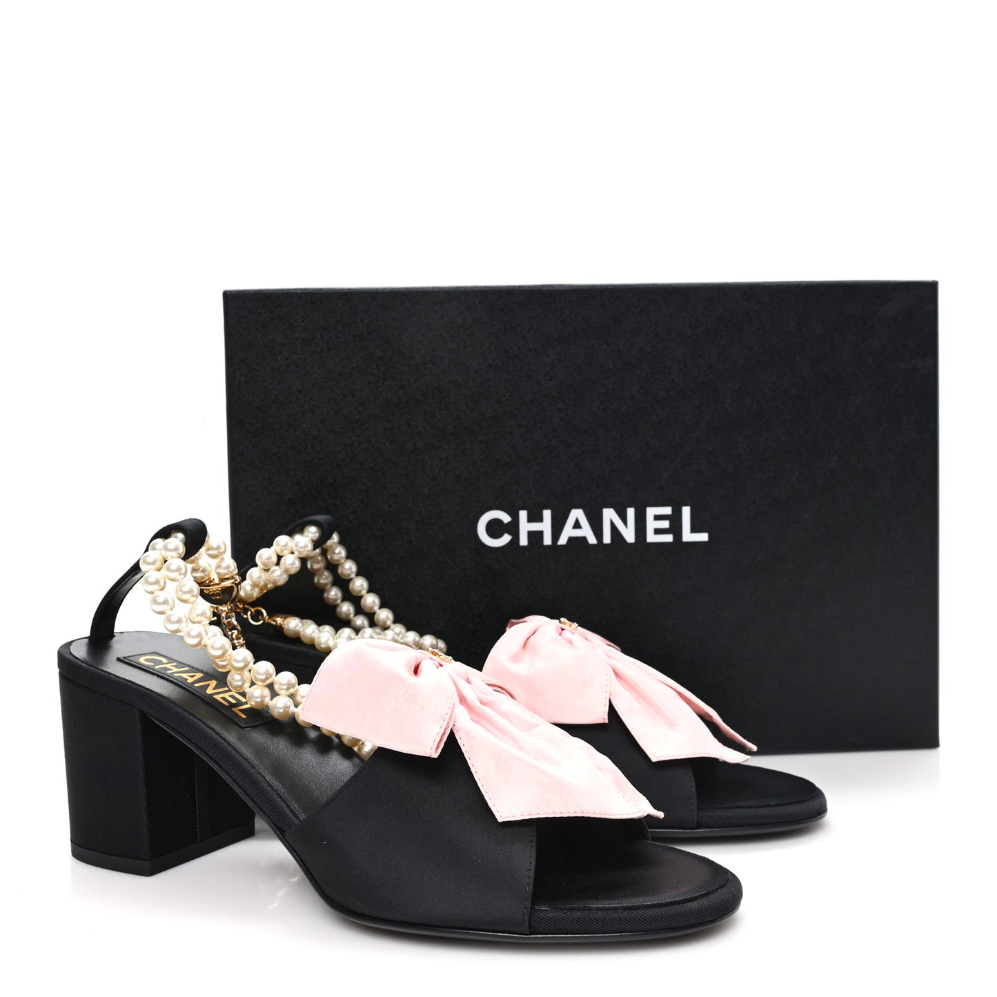 Silk Pearl Bow CC Ankle Strap Sandals 39.5 Pink Black