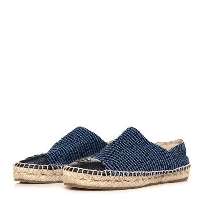 Chanel Grained Calfskin Tweed CC Espadrilles 36 Black Blue 3 of 7