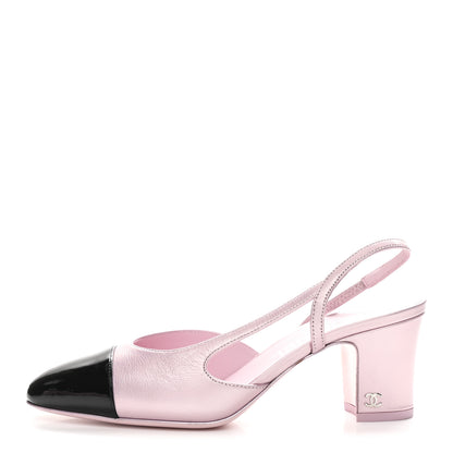 Chanel Laminated Lambskin Patent Cap Toe CC Slingback Pumps 37 Light Pink Black 1 of 10