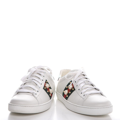 Gucci Calfskin Web Pearl Studded Ace Sneakers 36.5 White 6 of 11