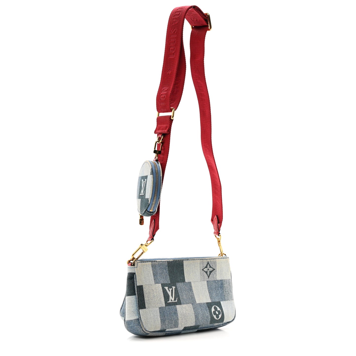 Denim Damier Monogram Patchwork Multi Pochette Accessories Blue Rouge