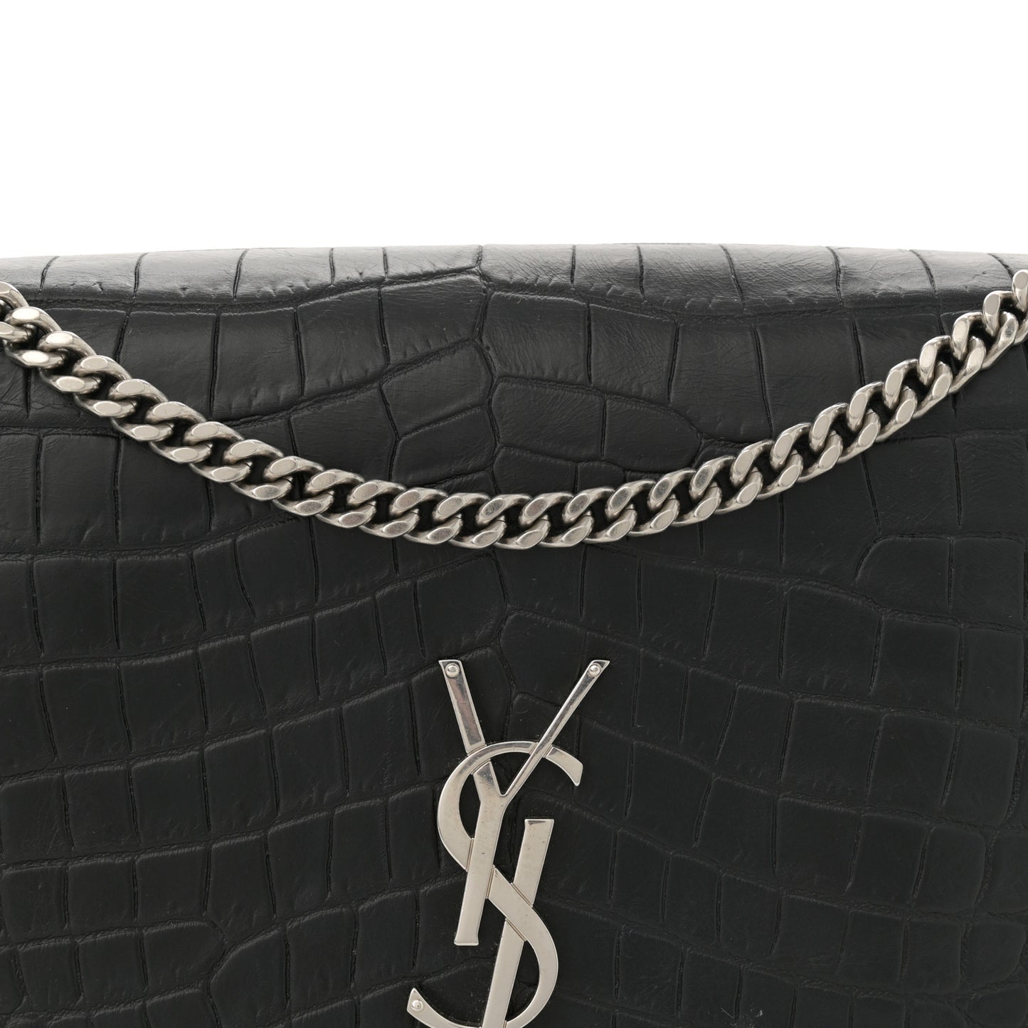 Calfskin Crocodile Embossed Large Classic Monogram Kate Satchel Black
