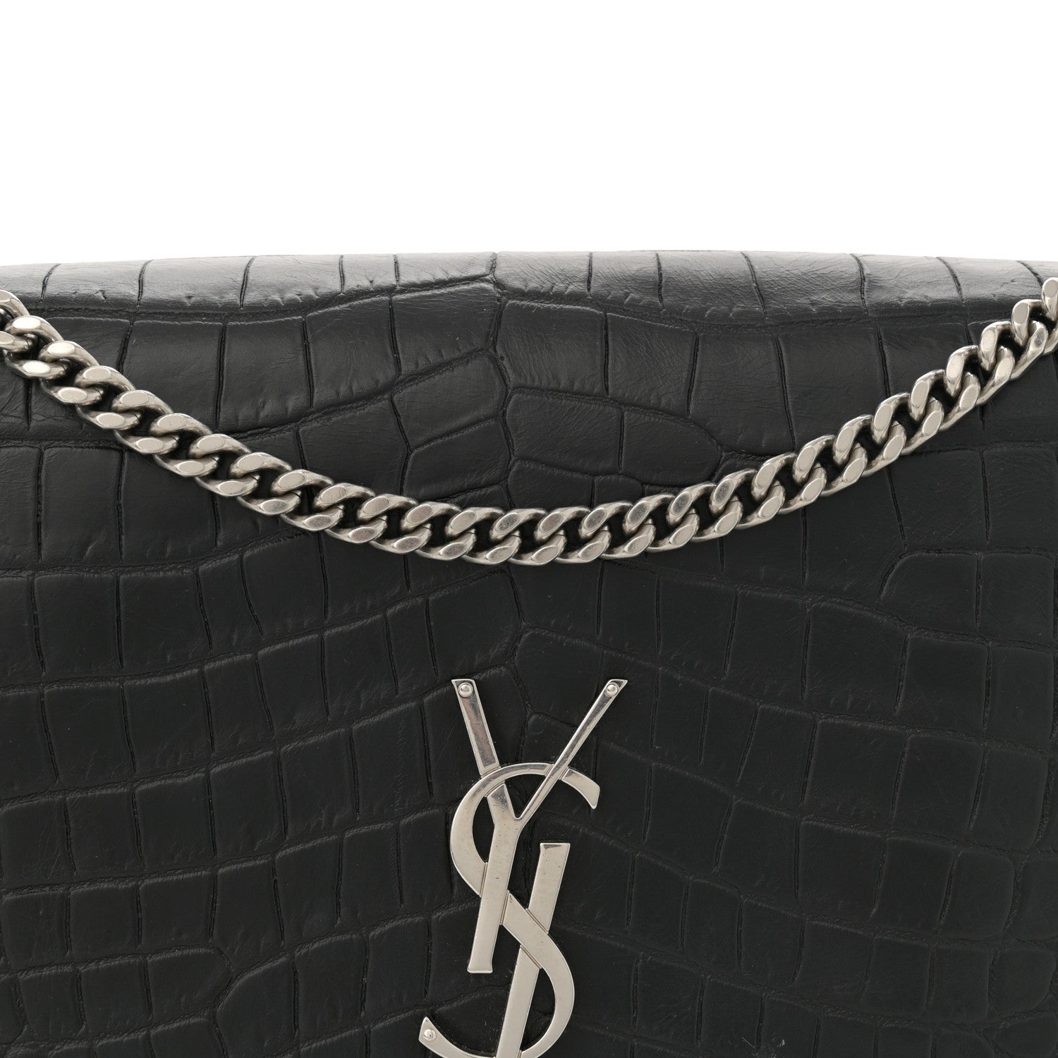 Saint Laurent Calfskin Crocodile Embossed Large Classic Monogram Kate Satchel Black 8 of 15