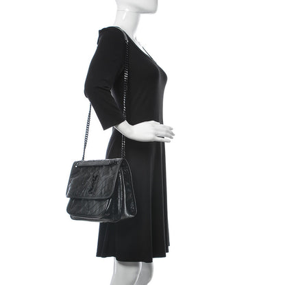 Saint Laurent Crinkled Calfskin Matelasse Monogram Medium Niki Chain Satchel Black 2 of 12