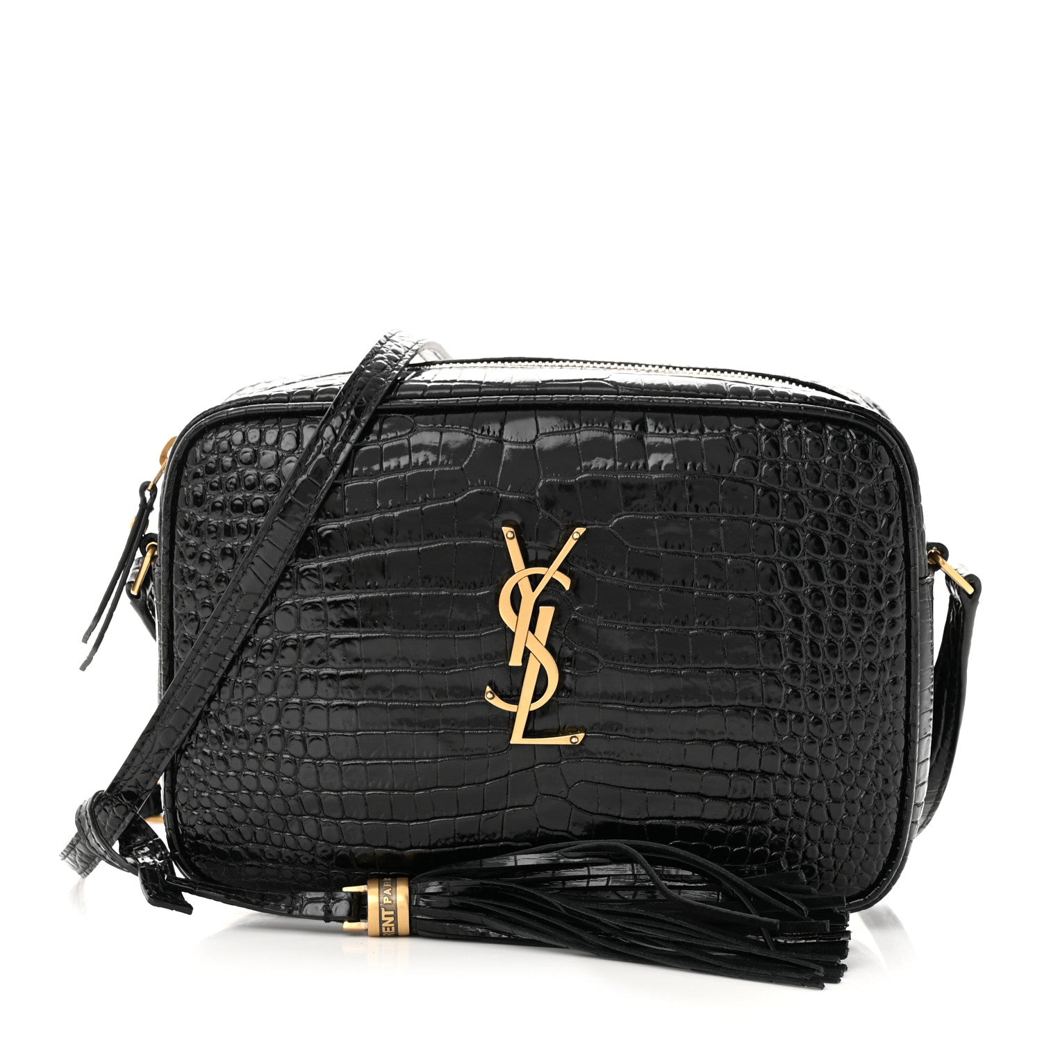 Saint Laurent Patent Calfskin Crocodile Embossed Monogram Lou Camera Bag Black 1 of 10