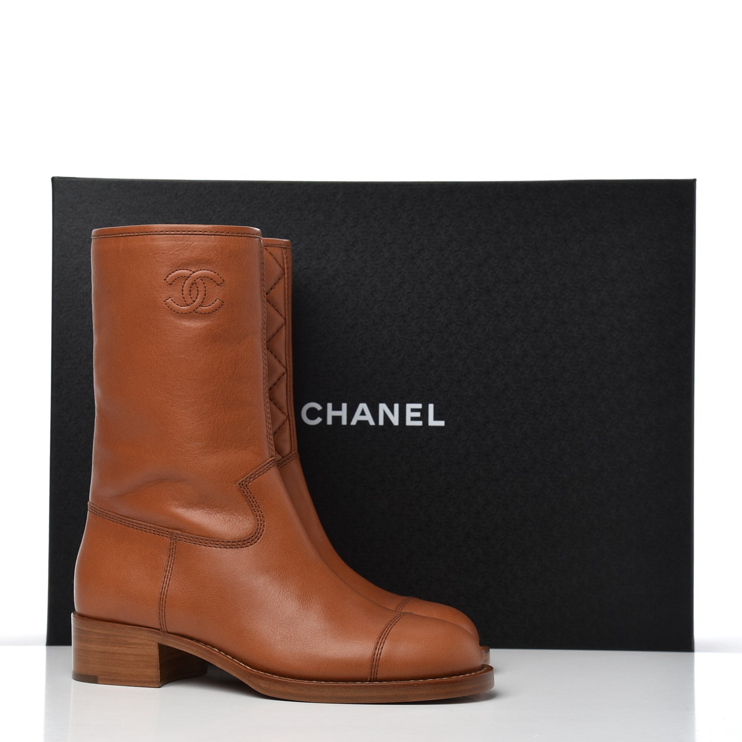 Calfskin CC Logo Mid Calf Boots 38 Caramel