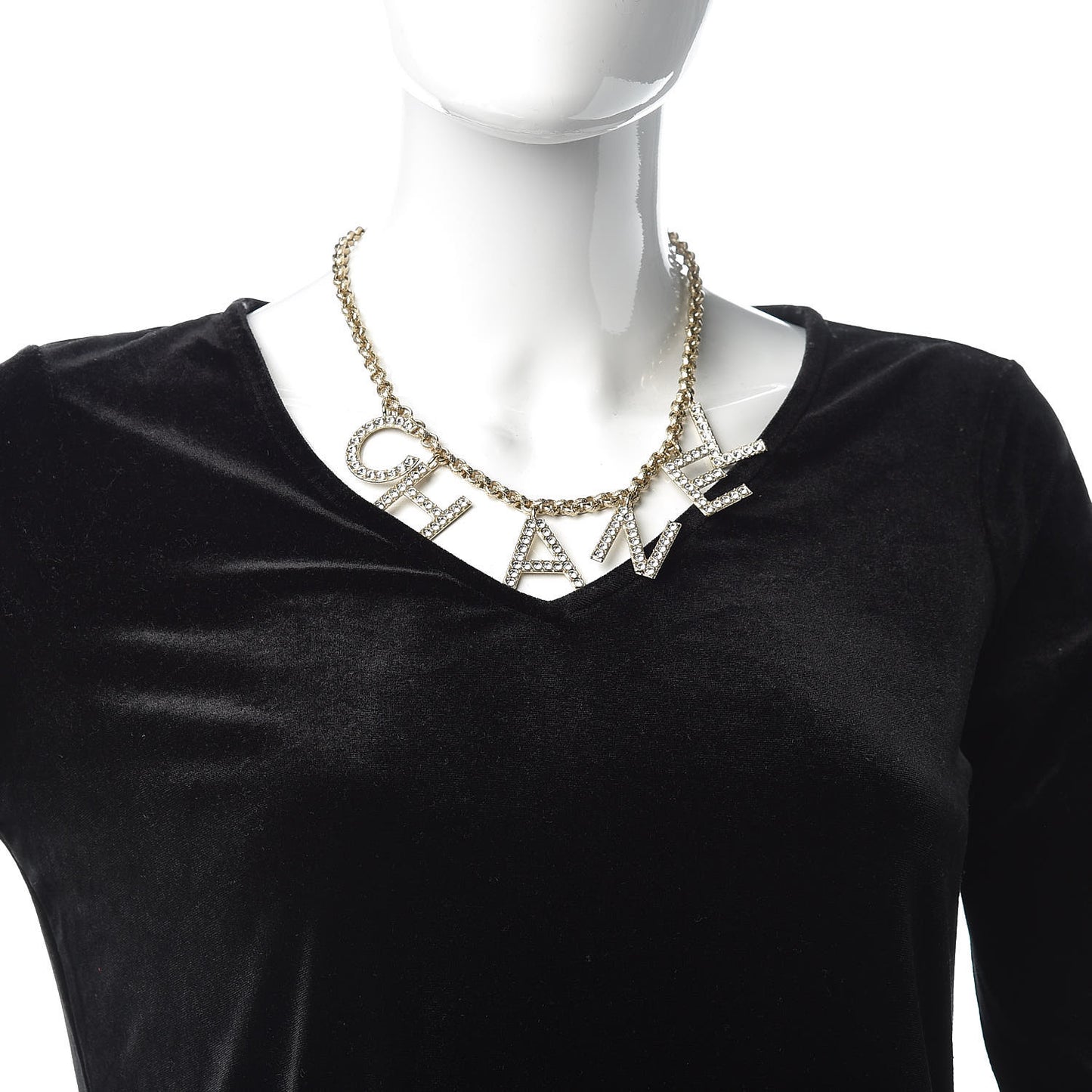 Metal Crystal Cha-Nel Logo Necklace Gold