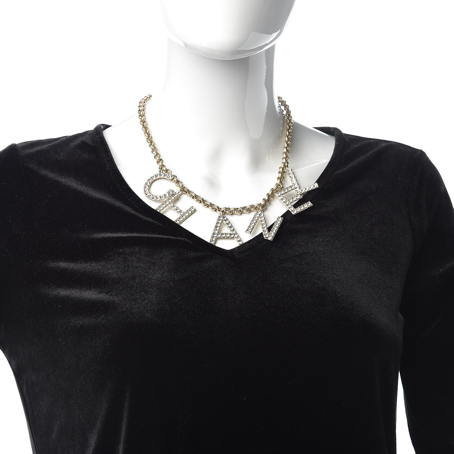 Chanel Metal Crystal Cha-Nel Logo Necklace Gold 2 of 6