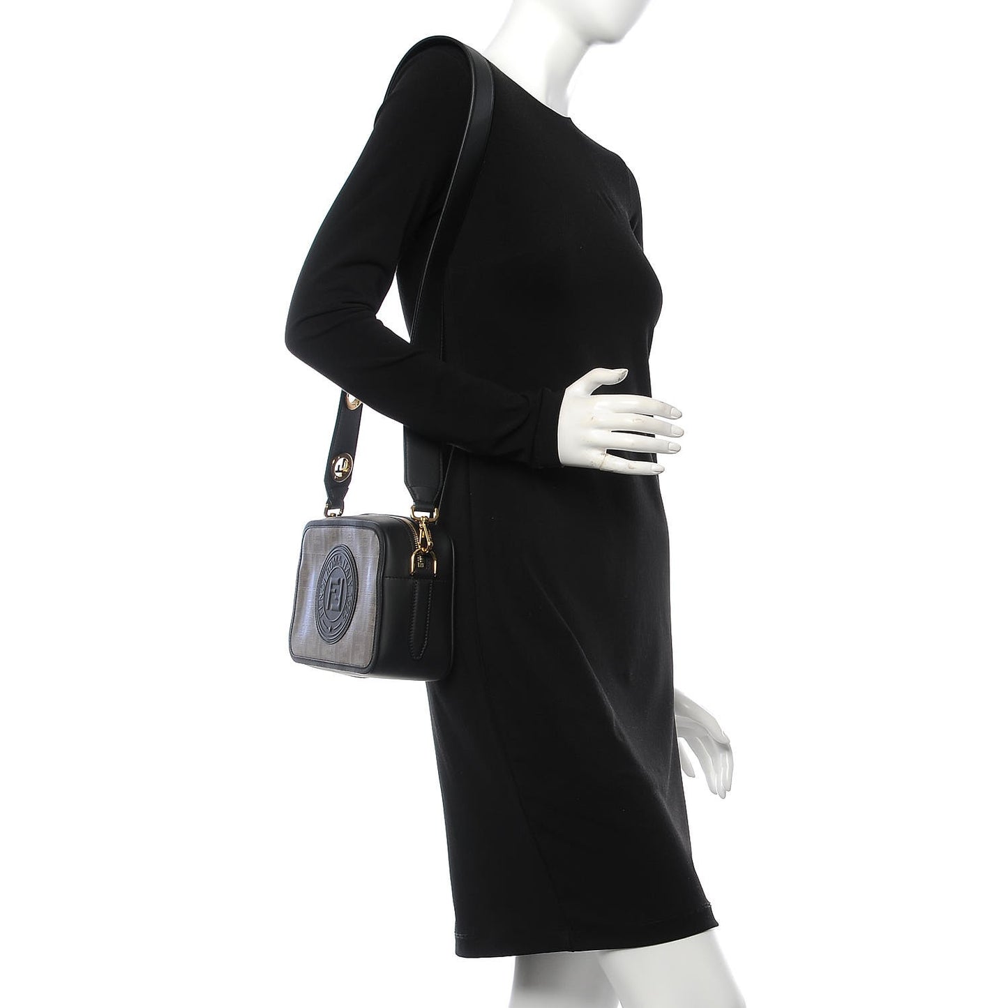 Glazed Fabric Vitello Century F is Fendi FF 1974 Stamp Patch Camera Case Mogano Panna Black