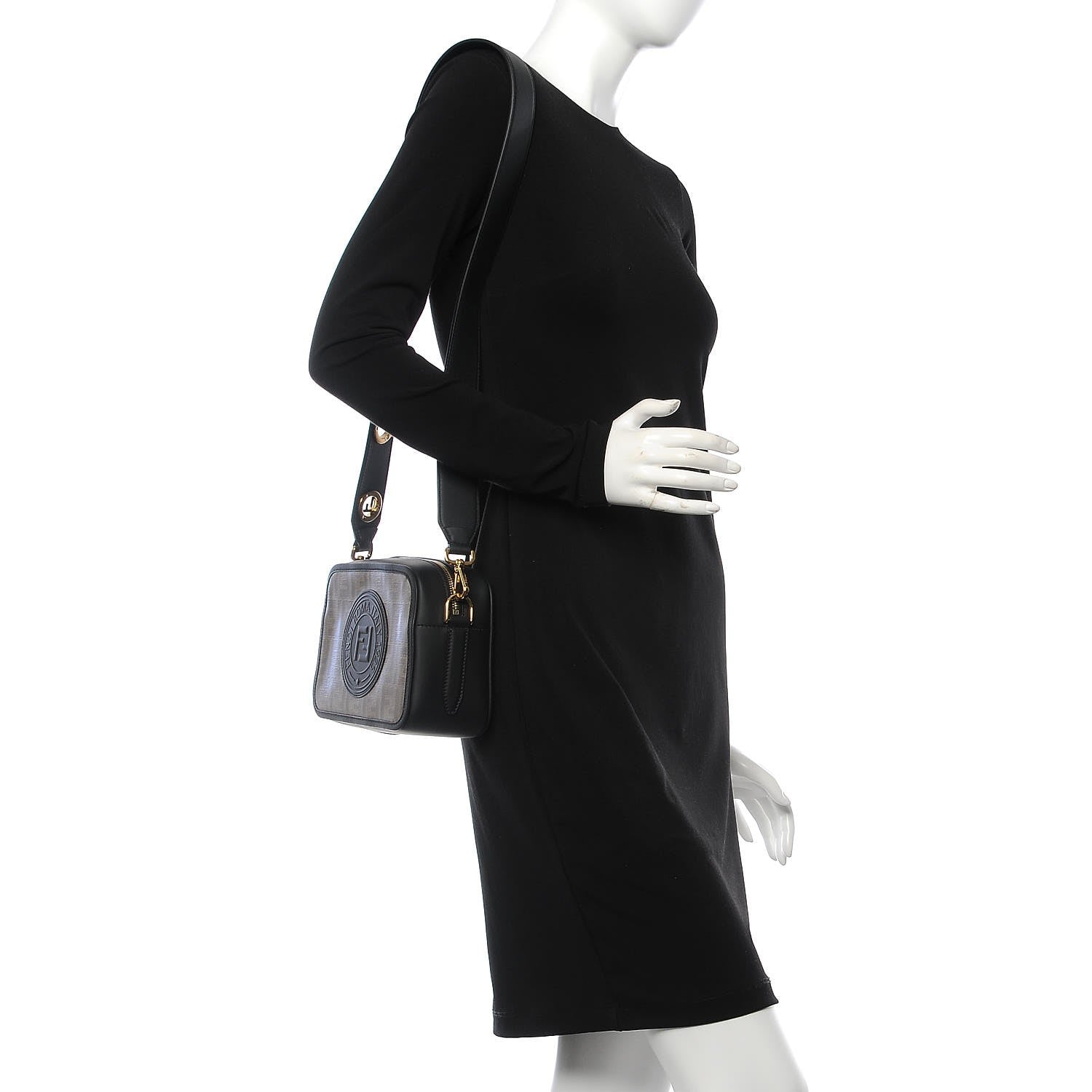 Fendi Glazed Fabric Vitello Century F is Fendi FF 1974 Stamp Patch Camera Case Mogano Panna Black 2 of 8