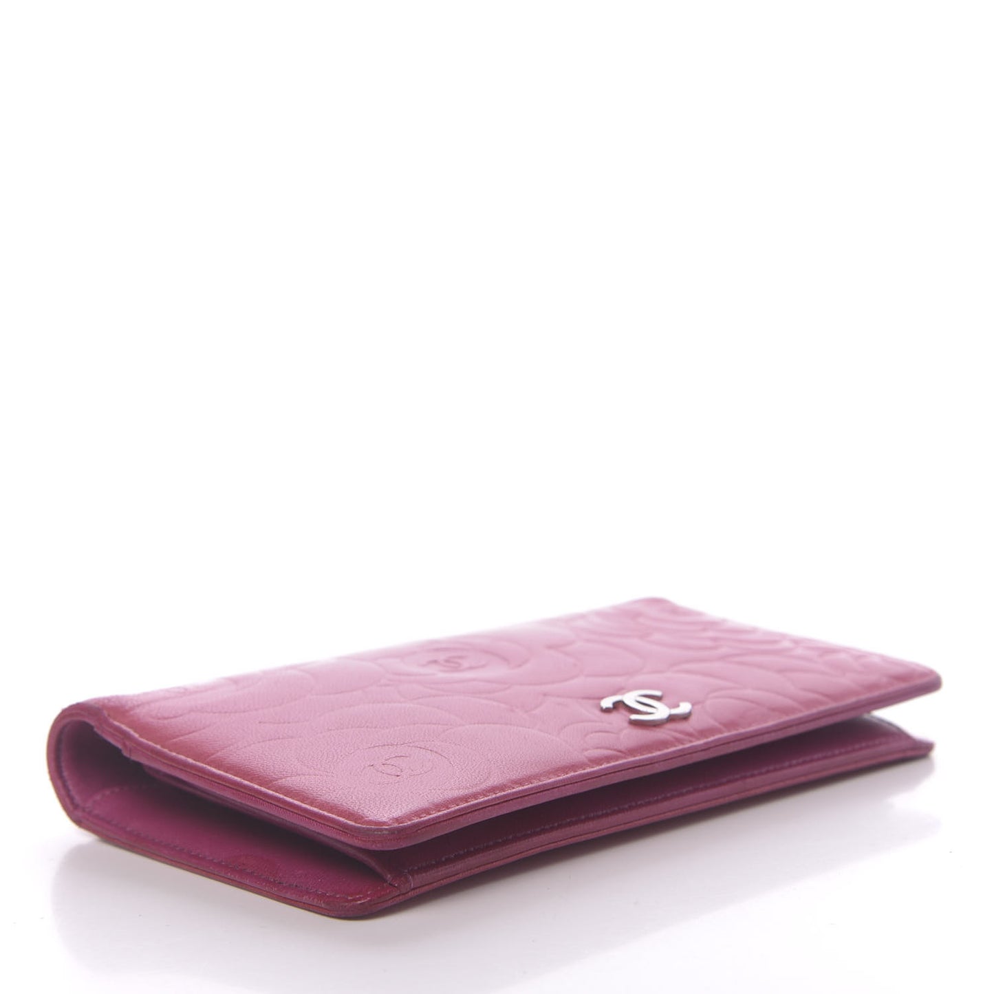 Lambskin Camellia Embossed Yen Wallet Fuchsia
