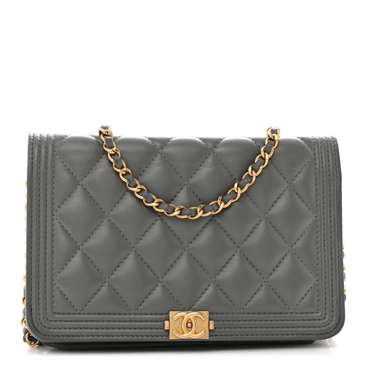 Lambskin Quilted Boy Wallet On Chain WOC Grey
