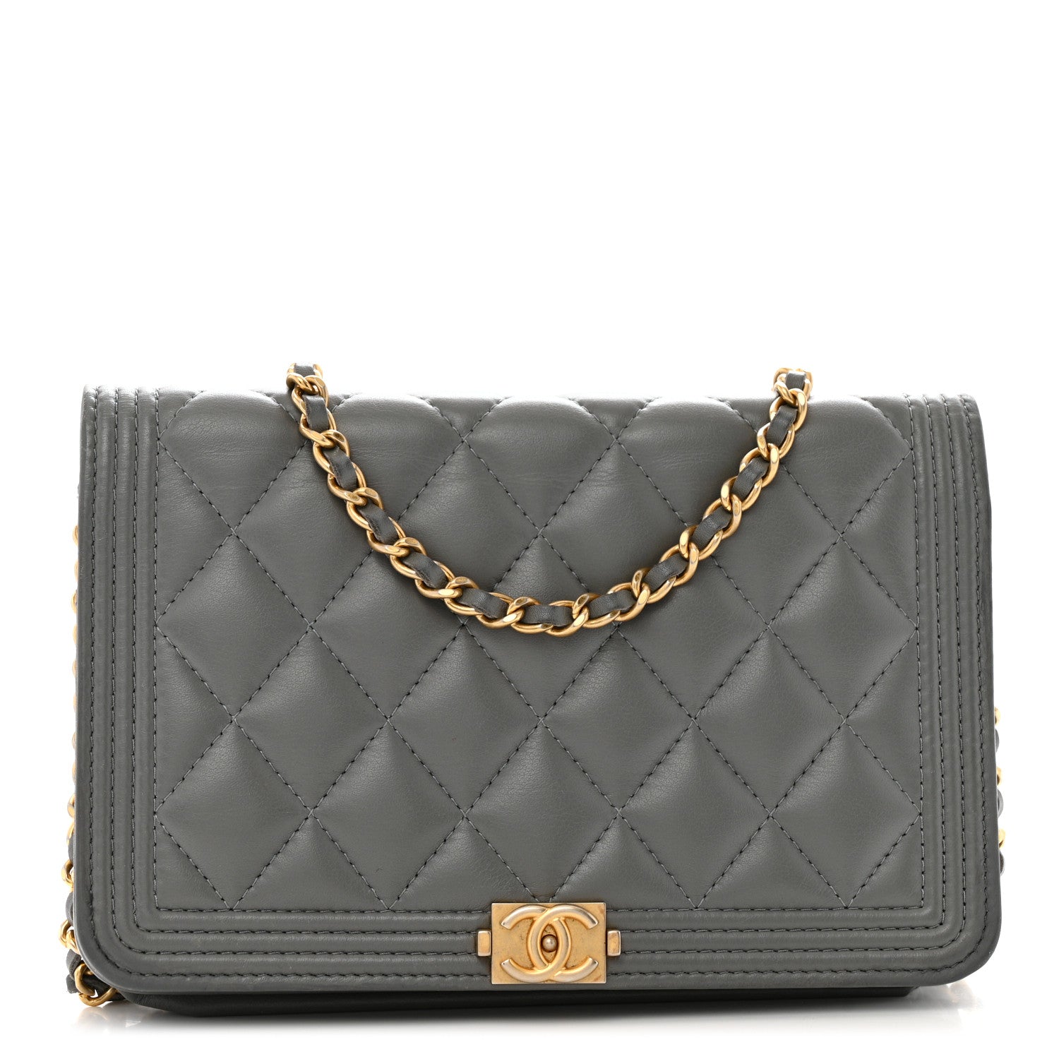 Chanel Lambskin Quilted Boy Wallet On Chain WOC Grey 1 of 18