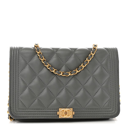 Chanel Lambskin Quilted Boy Wallet On Chain WOC Grey 1 of 18