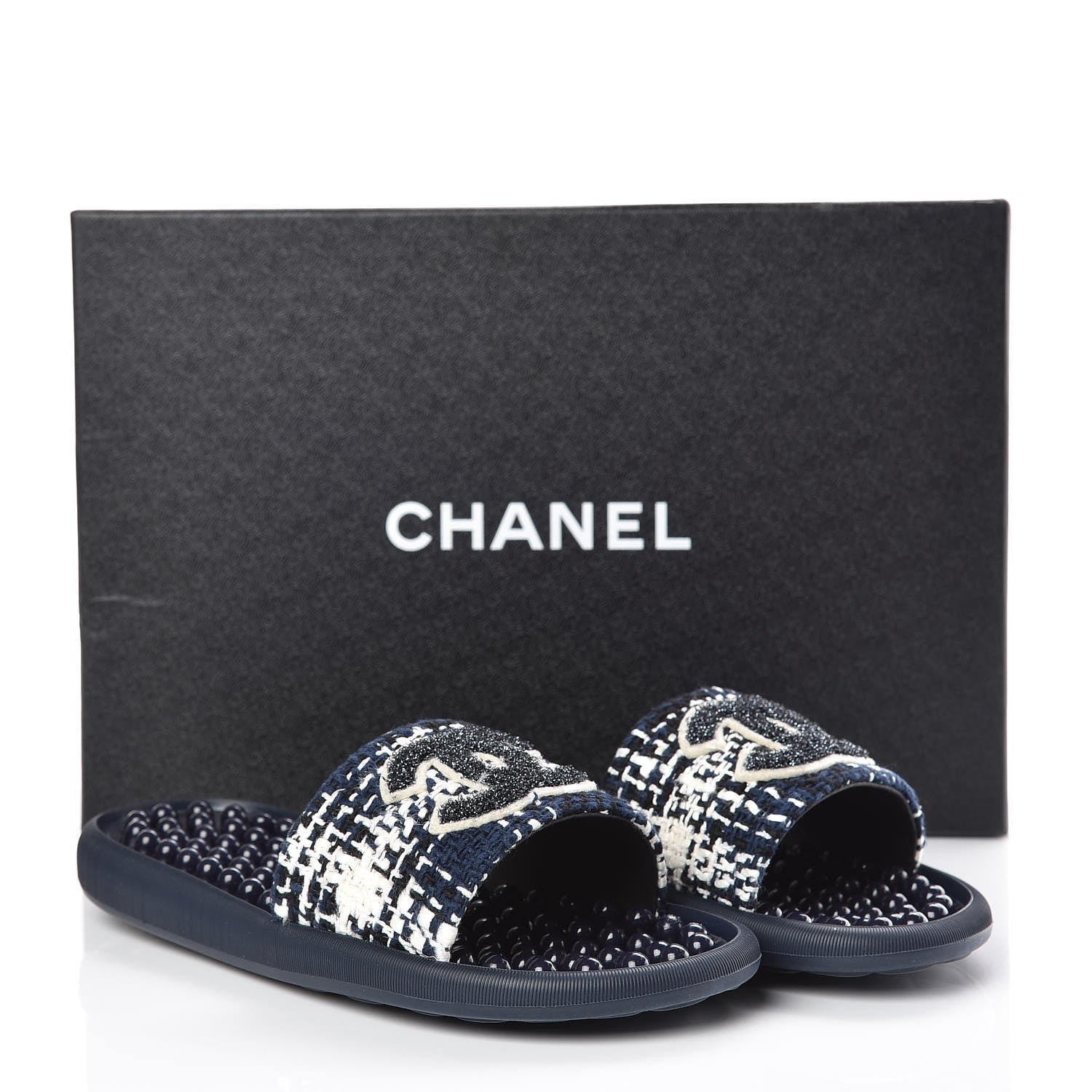 Chanel Tweed CC Flat Mules 35 Navy 8 of 8