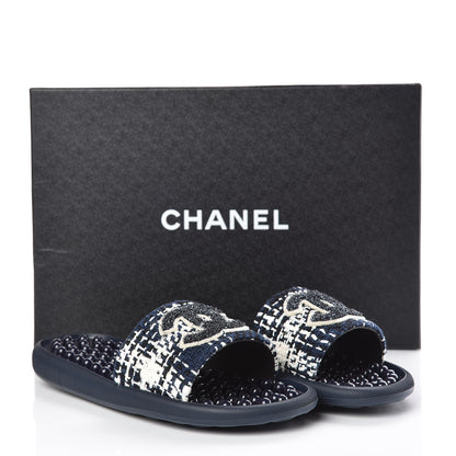 Chanel Tweed CC Flat Mules 35 Navy 8 of 8