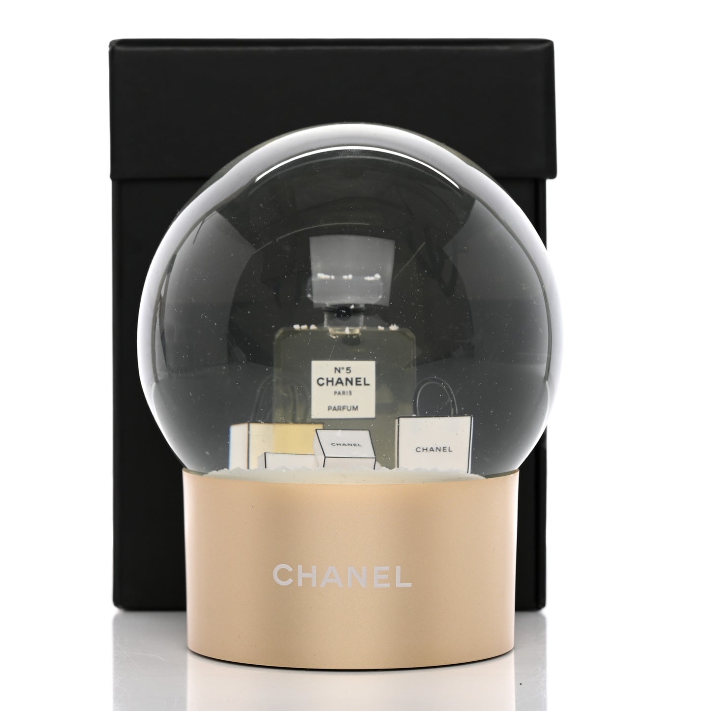 Glass N°5 Perfume Bottle Snow Globe Gold
