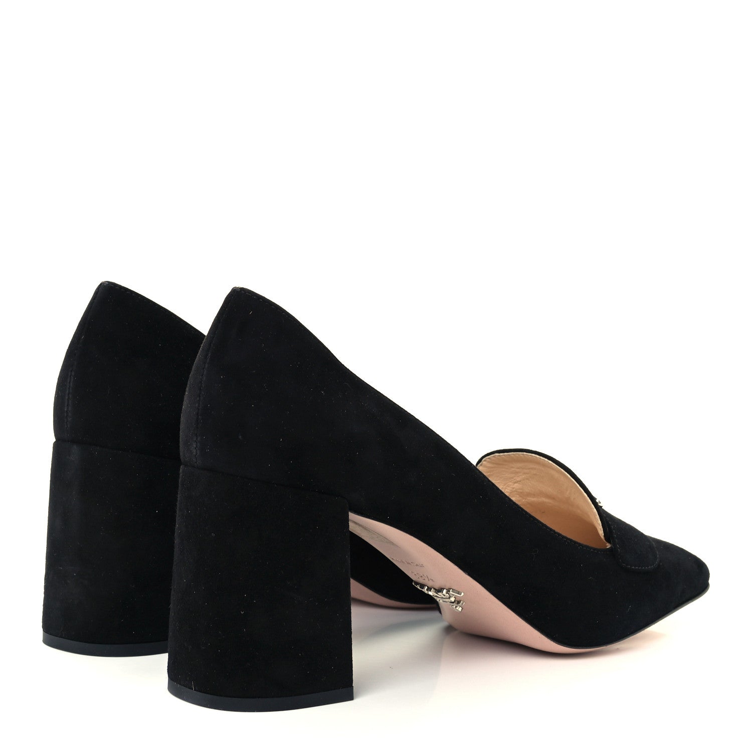 Prada Camoscio Metal Triangle Logo Block Heel 70mm Loafer Pumps 39.5 Black 4 of 9