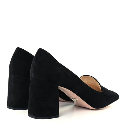 Prada Camoscio Metal Triangle Logo Block Heel 70mm Loafer Pumps 39.5 Black 4 of 9