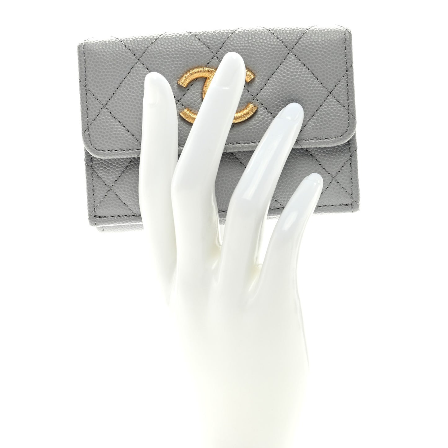 Caviar Quilted Textured CC Double Flap Wallet Grey