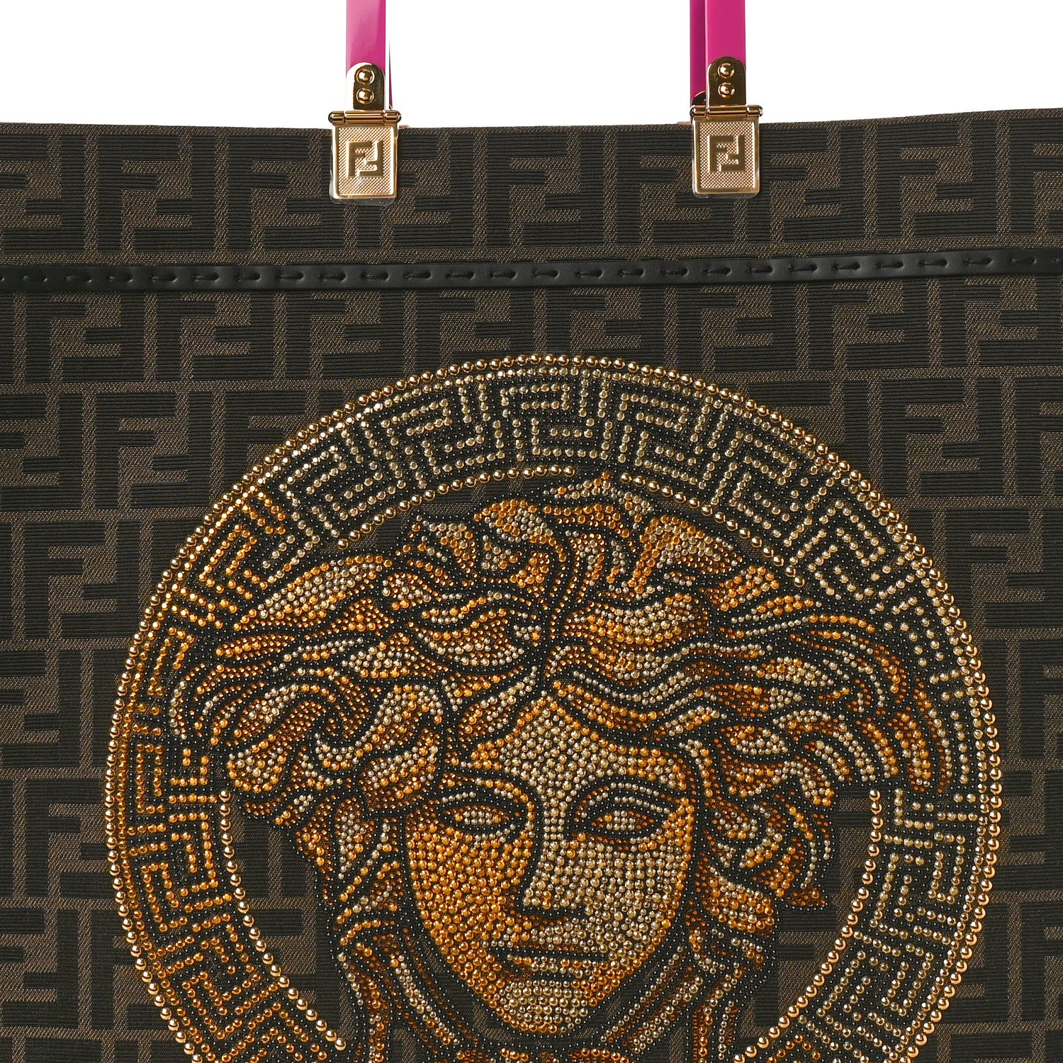 Fendi X VERSACE Fabric Jacquard Calfskin Plexiglass Fendace FF Medusa Studded Large Fendi Sunshine Shopper Tote Marrone Fuxia 8 of 10