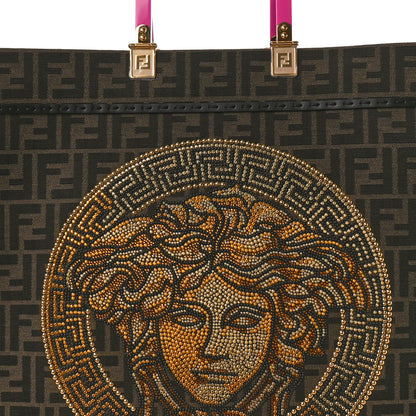 Fendi X VERSACE Fabric Jacquard Calfskin Plexiglass Fendace FF Medusa Studded Large Fendi Sunshine Shopper Tote Marrone Fuxia 8 of 10