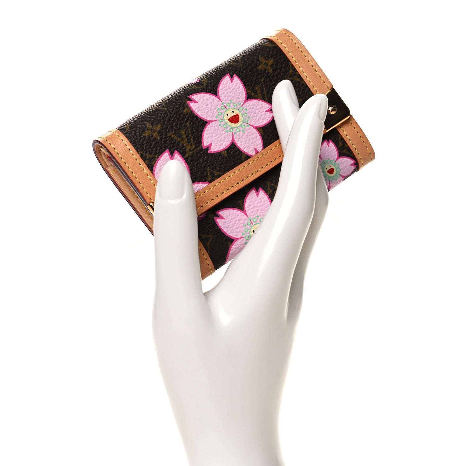 Louis Vuitton Monogram Cherry Blossom Porte-Monnaie Plat Coin Purse Brown 2 of 8