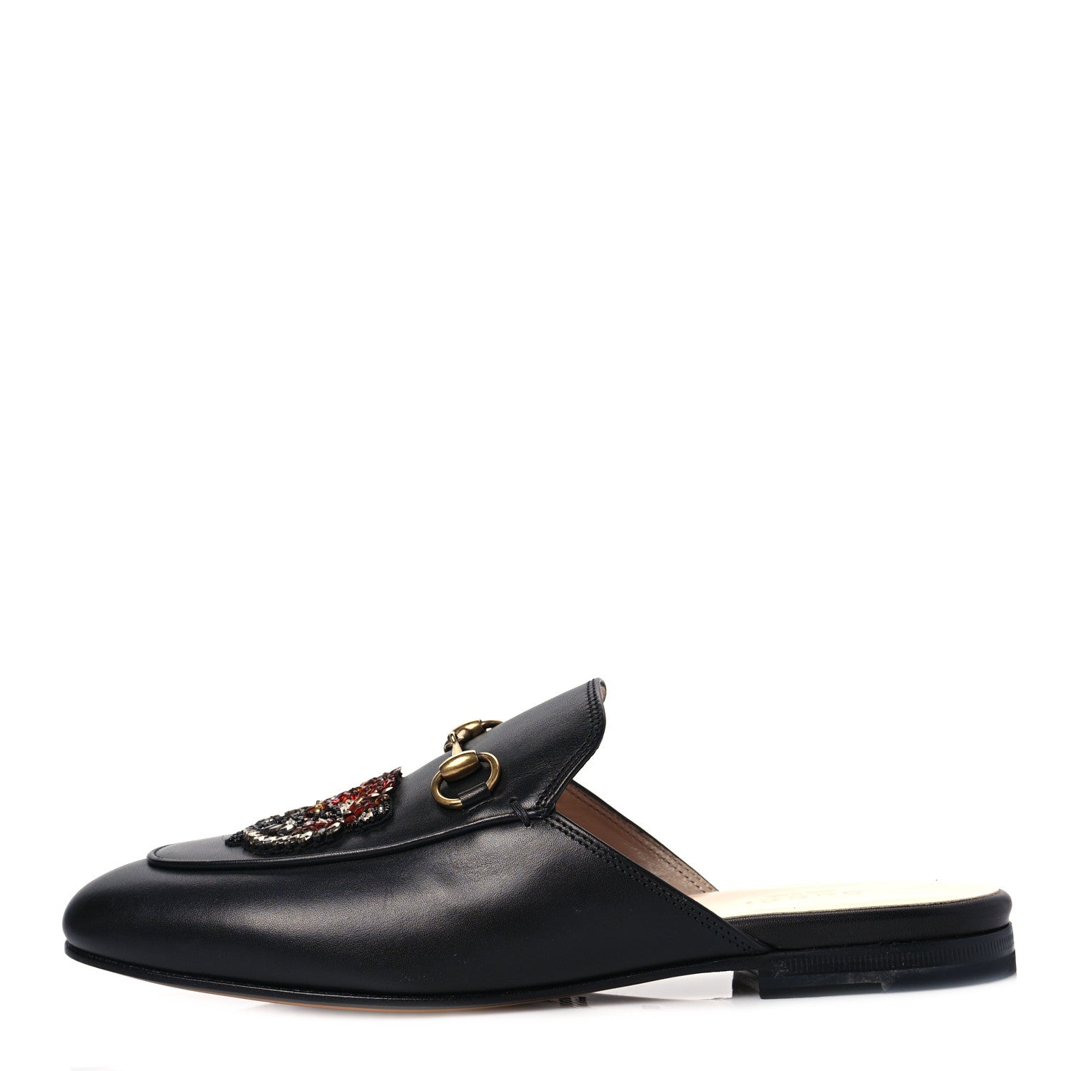 Gucci Calfskin Crystal Tiger Embroidered Womens Princetown Slippers 37 Black 1 of 8