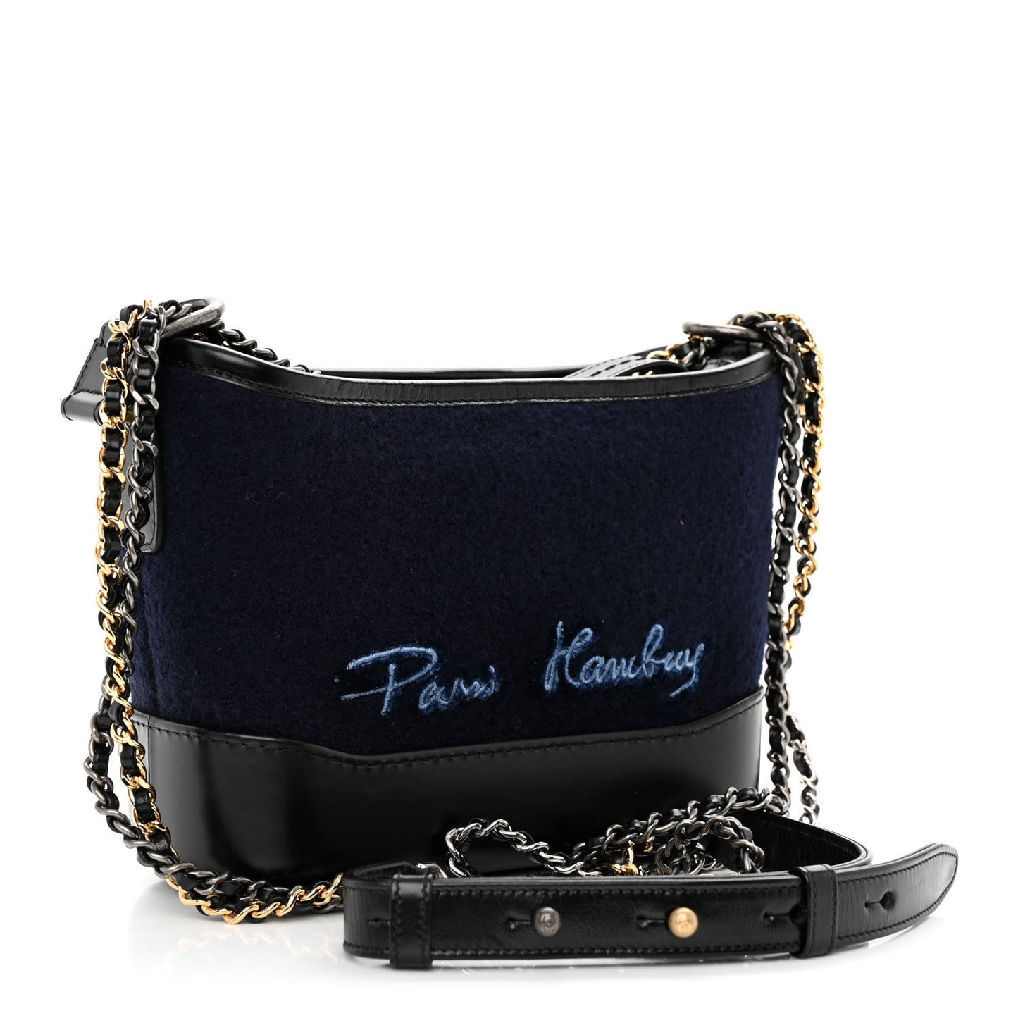 Calfskin Wool Embroidered Paris Hamburg Small Gabrielle Hobo Dark Navy Blue
