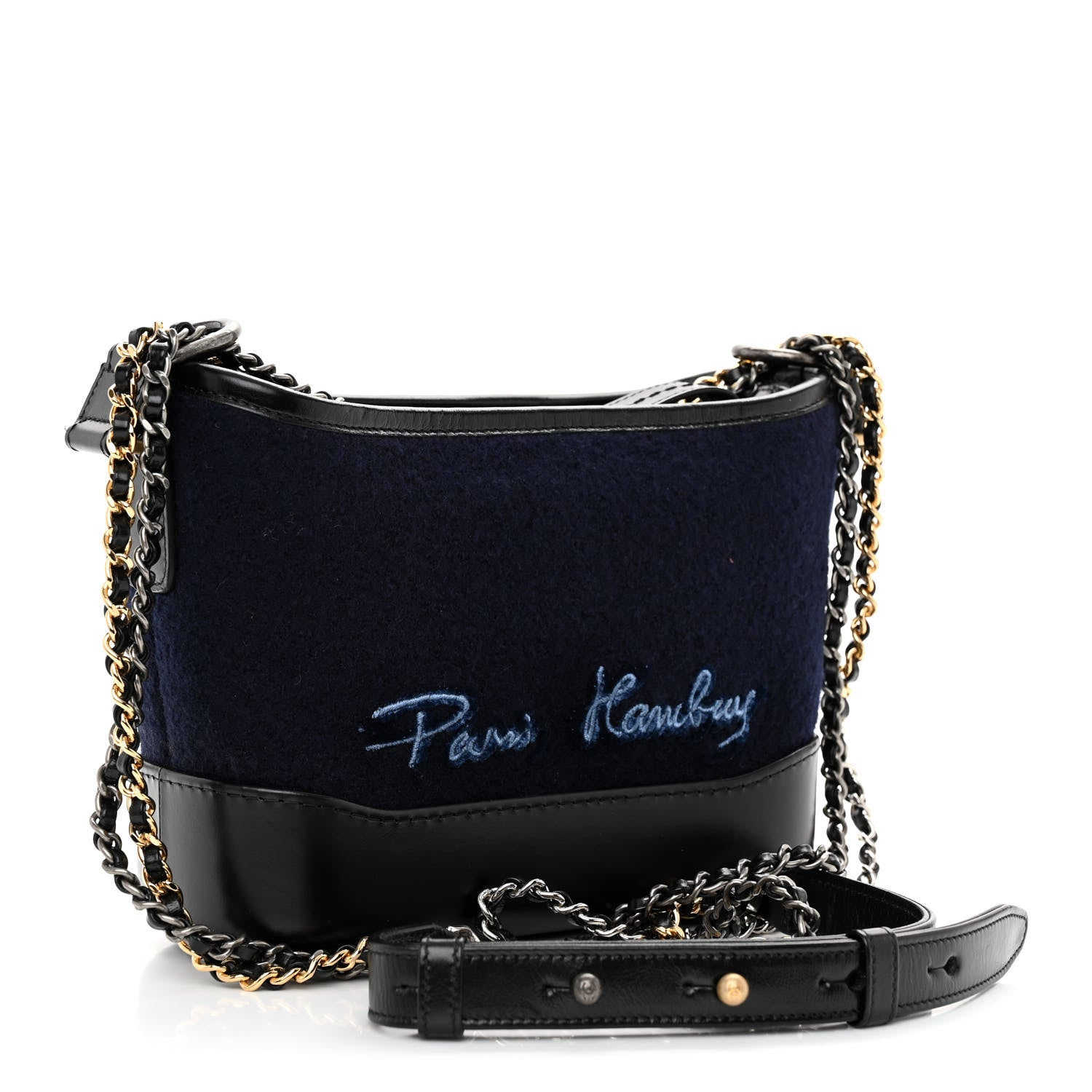 Chanel Calfskin Wool Embroidered Paris Hamburg Small Gabrielle Hobo Dark Navy Blue 3 of 12