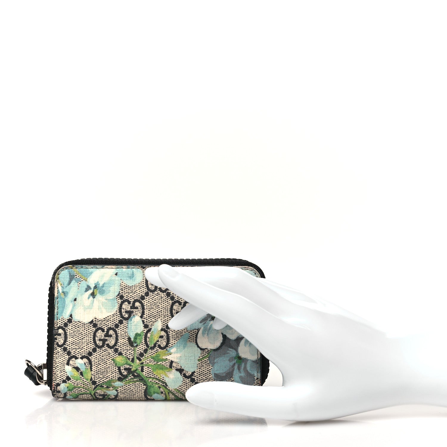 Gucci GG Supreme Monogram Blooms Zip Around Card Case Wallet Beige