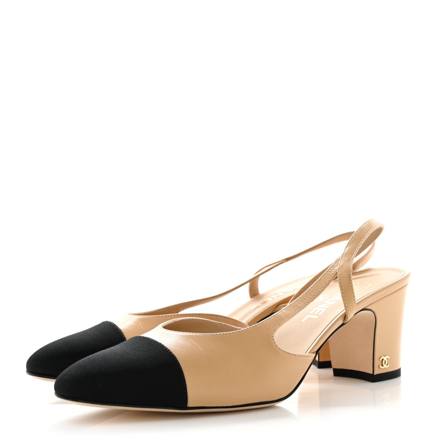 Goatskin Grosgrain Cap Toe CC Slingback Pumps 41 Beige Black