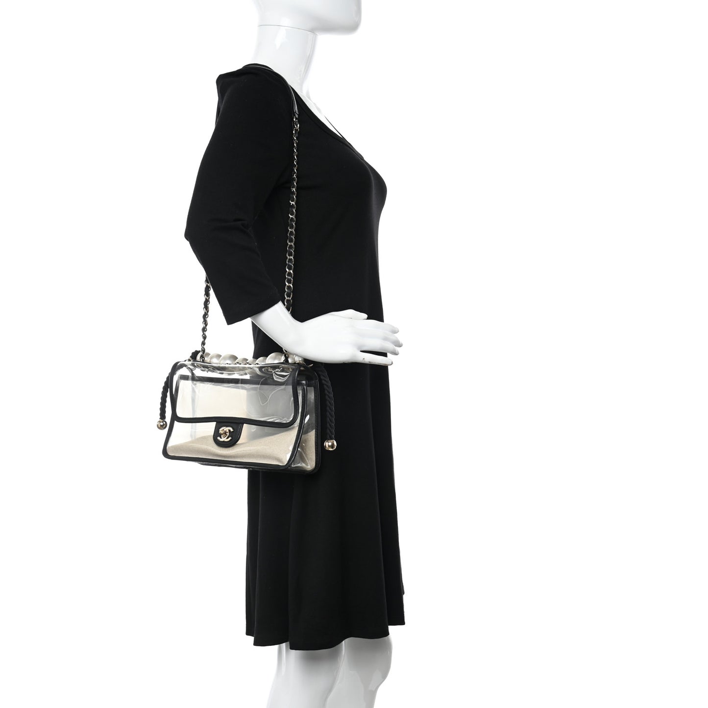 Lambskin PVC Sand By The Sea Flap With Pearl Strap Black