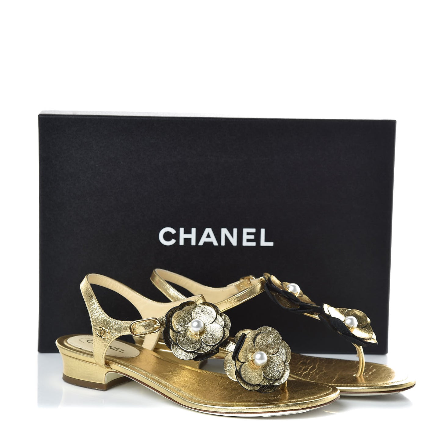 Crackled Calfskin Camellia Pearl Thong Sandals 36.5 Gold