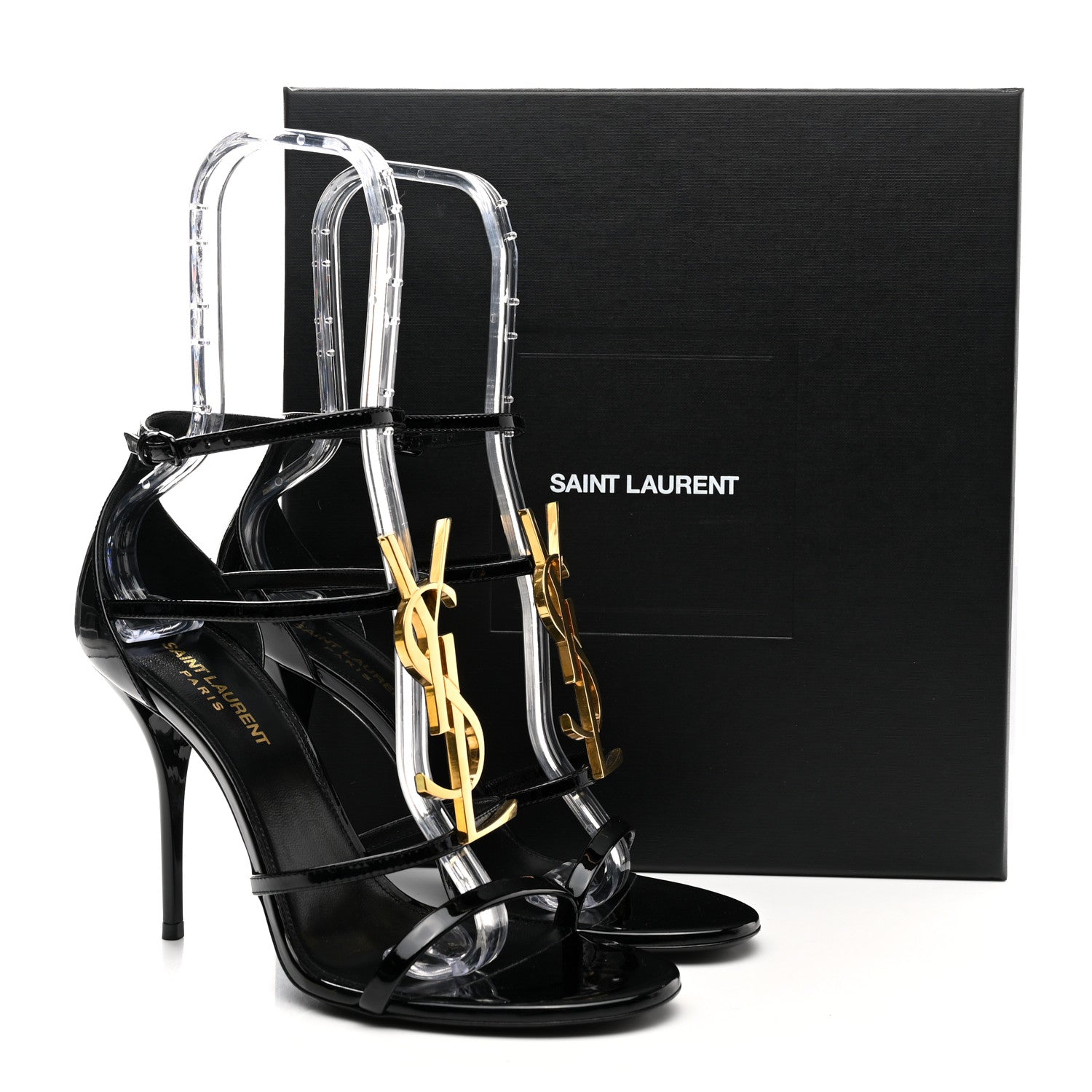 Saint Laurent Patent Cassandra 100 Ankle Strap Sandals 39 Black Gold 11 of 11