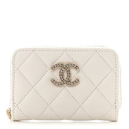 Chanel Shiny Caviar Quilted Strass CC Zip Coin Purse White 1 of 8