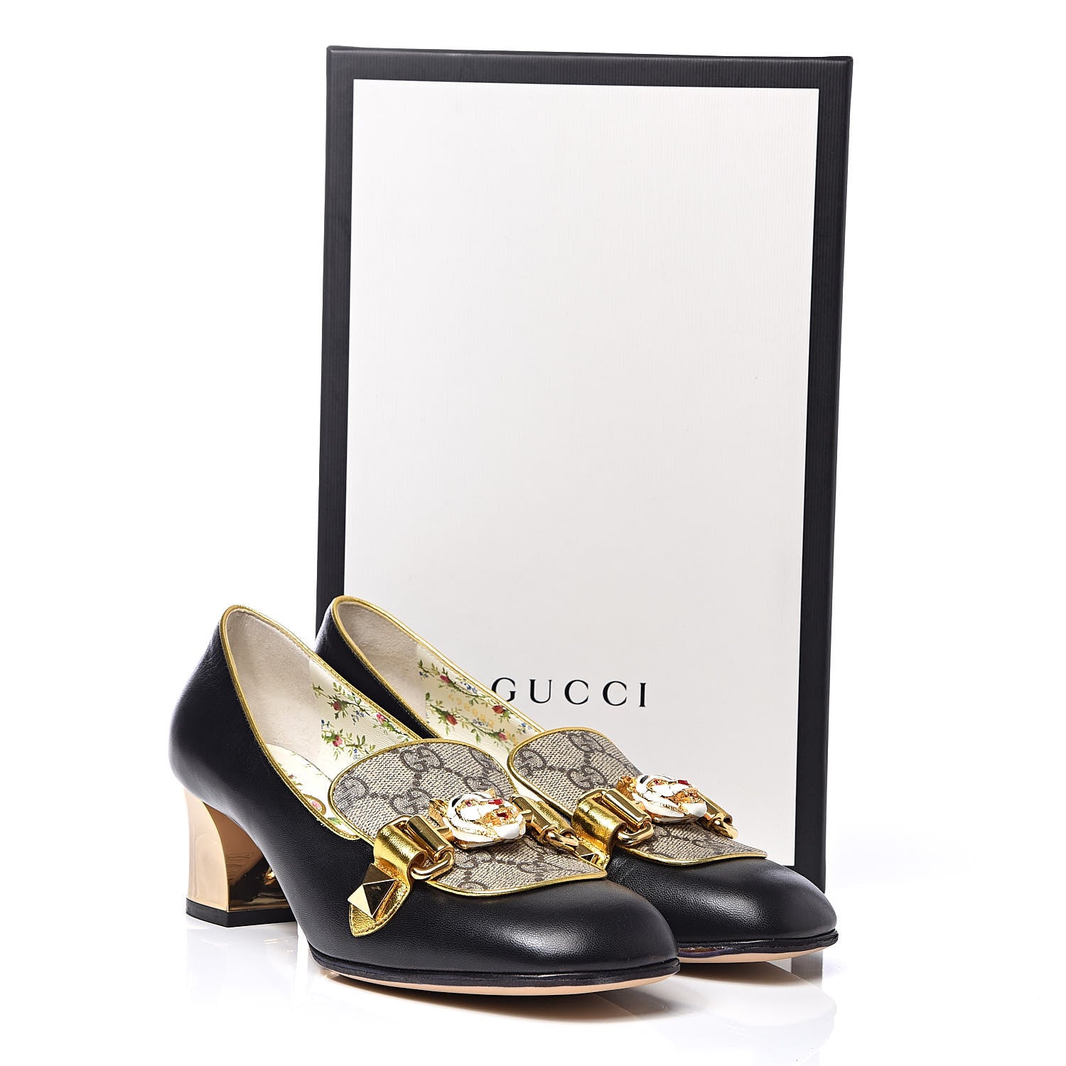 Gucci Malaga Kid Nappa GG Supreme Monogram Tiger Head Mid Heel Loafer Pumps 35.5 Black Oro Vecchio Beige 9 of 9
