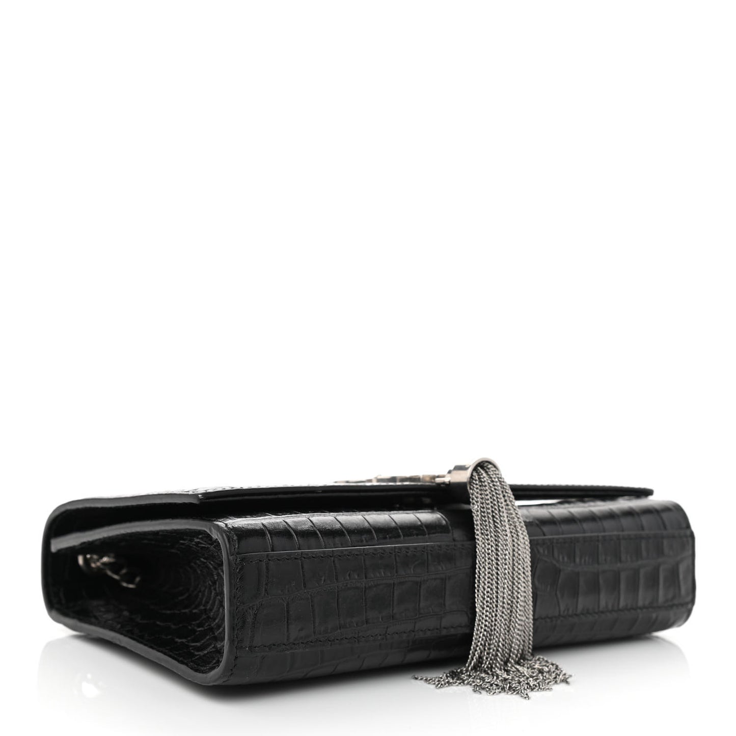 Calfskin Crocodile Embossed Small Classic Monogram Kate Tassel Satchel Black