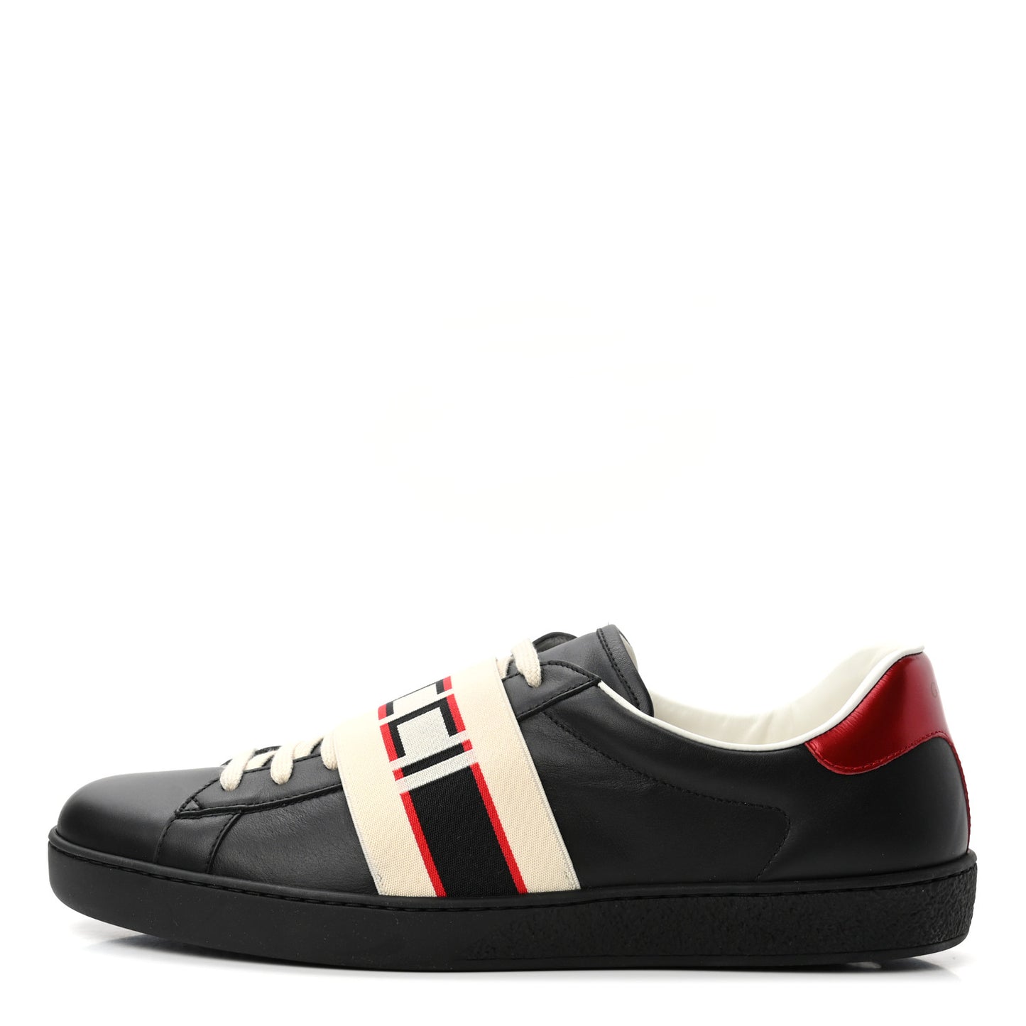 Calfskin Stripe Mens New Ace Sneakers 10 Black Ecru Red Flame