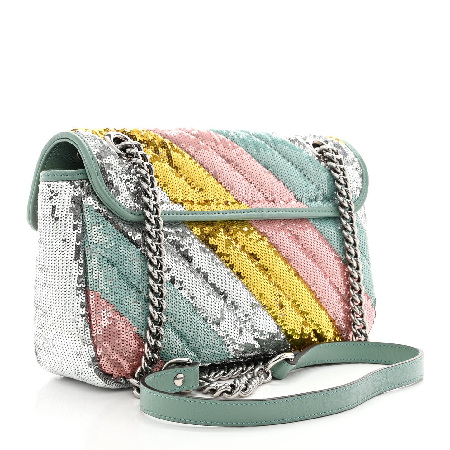 Sequin Satin Calfskin Matelasse Diagonal Small GG Marmont Shoulder Bag Grigio Argento Verde Chiaro Rosa Giallo Light Water Green