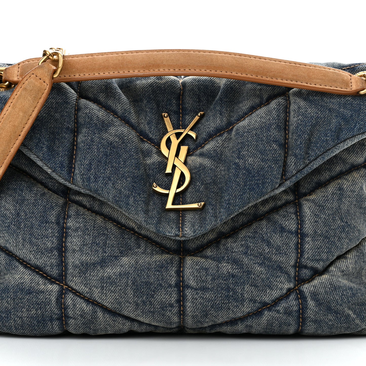 Denim Quilted Small Loulou Puffer Monogram Chain Satchel Blue Cinnamon